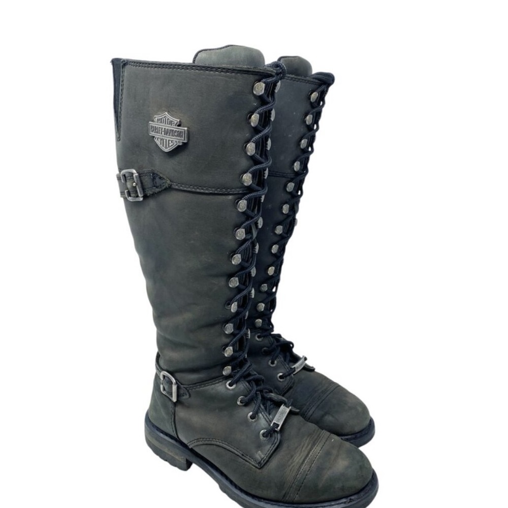 Harley-Davidson Black Oiled Leather Beechwood 15” Motorcycle Boots Sz 7 Lace Up